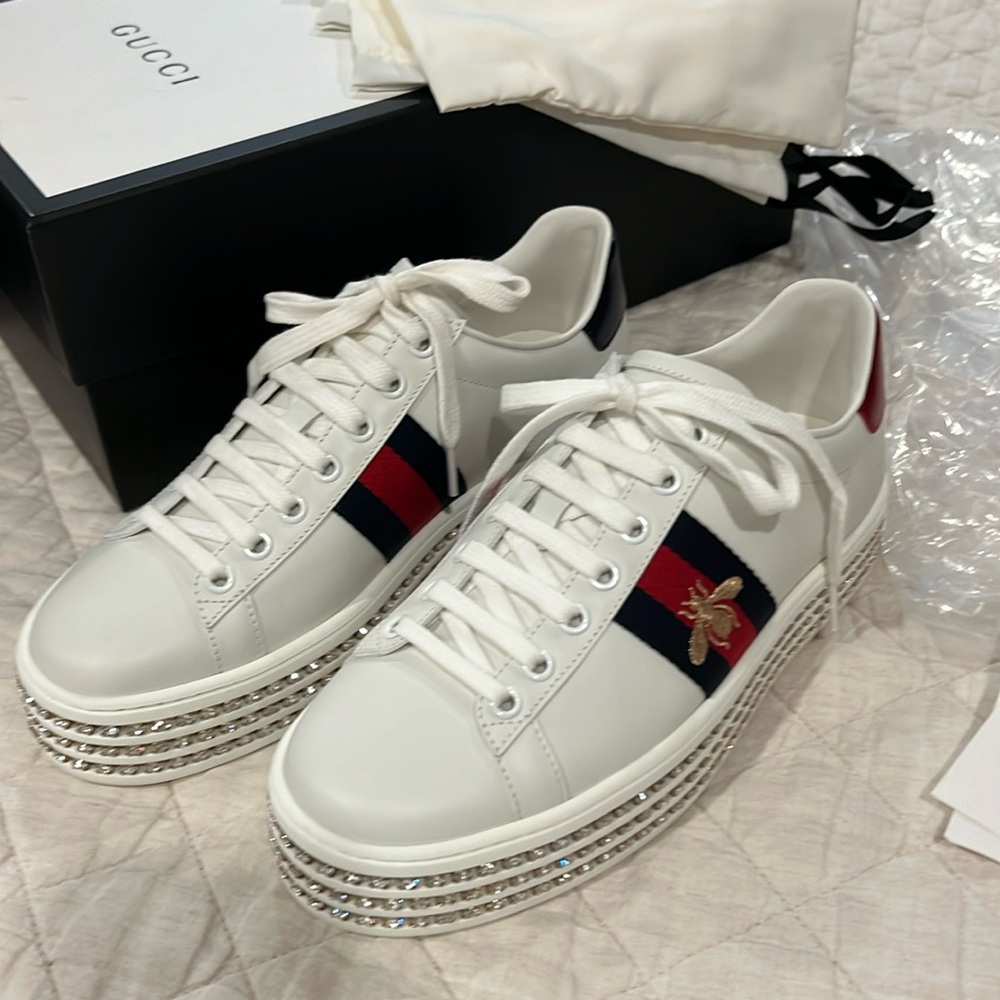 Gucci platform sneaker, white leather, bee webb with crystals